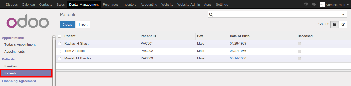 Screenshot of odoo dental clinic managment software
